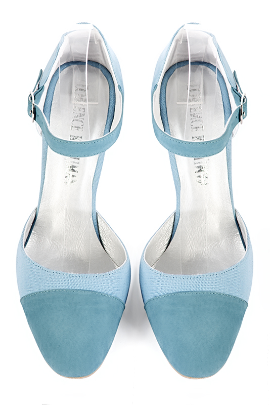 Sky blue women's open side shoes, with an instep strap. Round toe. Very high slim heel. Top view - Florence KOOIJMAN